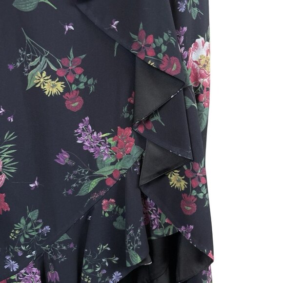 AMUR $598 Floral Peplum Asymmetric Ruffle Cocktail Midi Dress Gown Black Size 2 - Picture 6 of 14